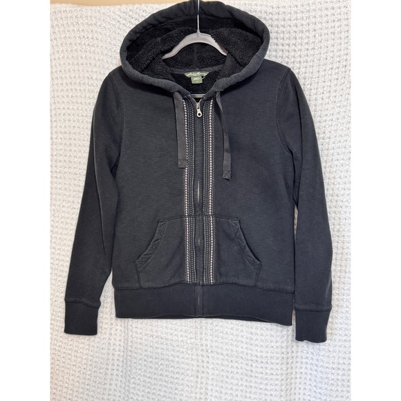 Eddie Bauer Full Zip Hoodie Womens Black Embroidered Fleece Lined